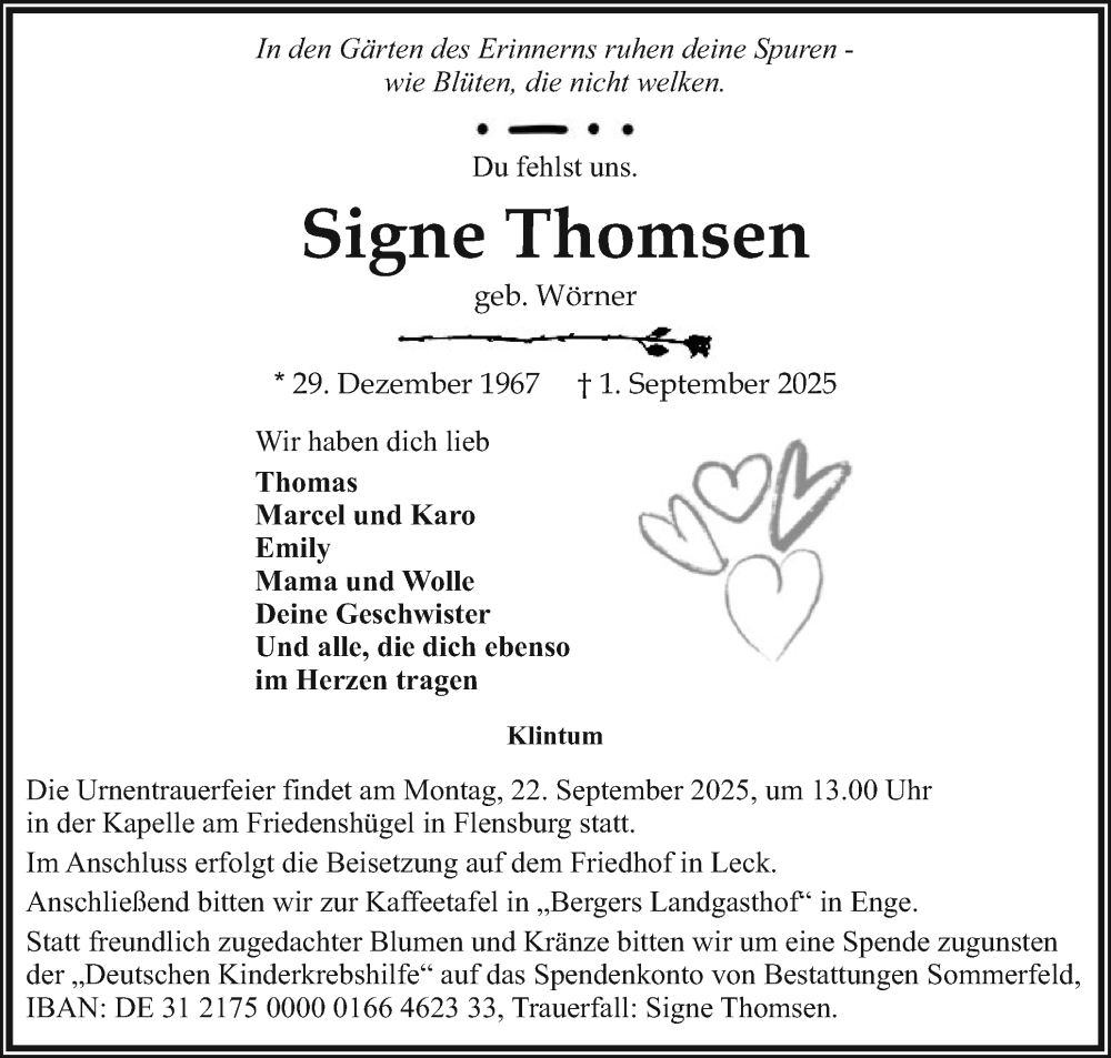  Traueranzeige für Signe Thomsen vom 06.09.2025 aus Region Westküste