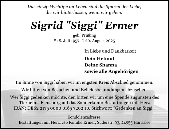 Traueranzeige von Sigrid Ermer von Flensburger Tageblatt