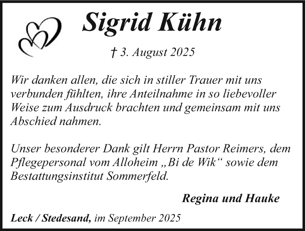  Traueranzeige für Sigrid Kühn vom 05.09.2025 aus Husumer Nachrichten, Nordfriesland Tageblatt