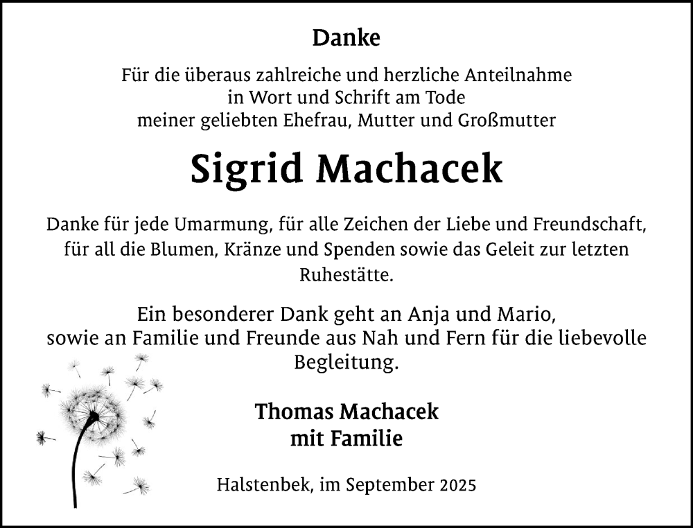  Traueranzeige für Sigrid Machacek vom 06.09.2025 aus Region Pinneberg und tip Pinneberg