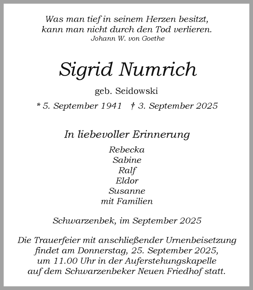  Traueranzeige für Sigrid Numrich vom 20.09.2025 aus Wochenend Anzeiger
