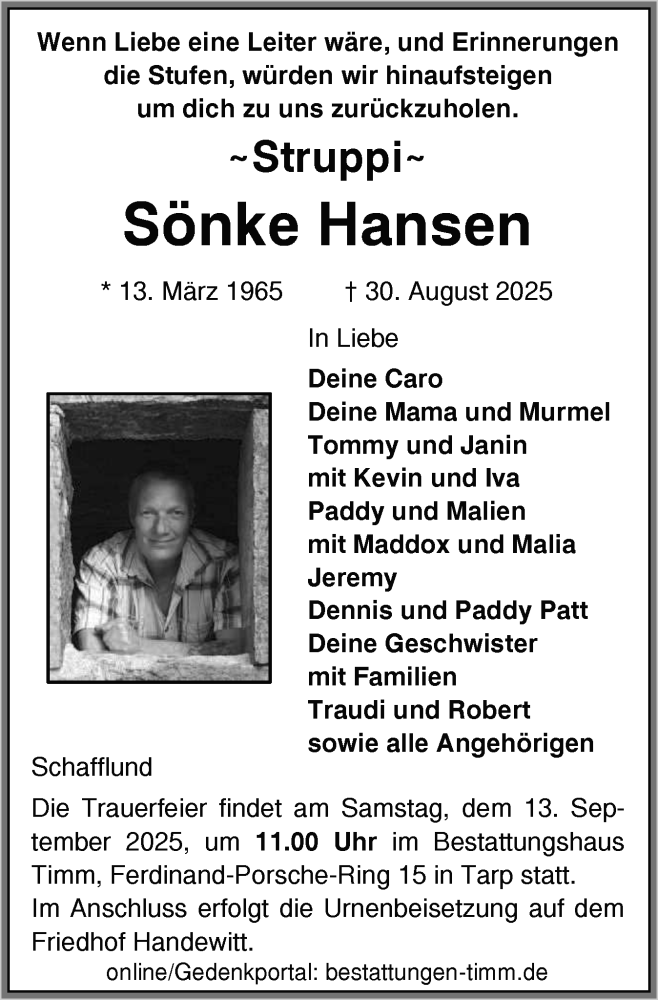  Traueranzeige für Sönke Hansen vom 06.09.2025 aus Flensburger Tageblatt