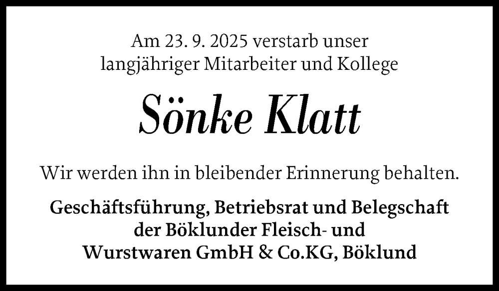  Traueranzeige für Sönke Klatt vom 01.10.2025 aus Schleswiger Nachrichten, Schlei-Bote
