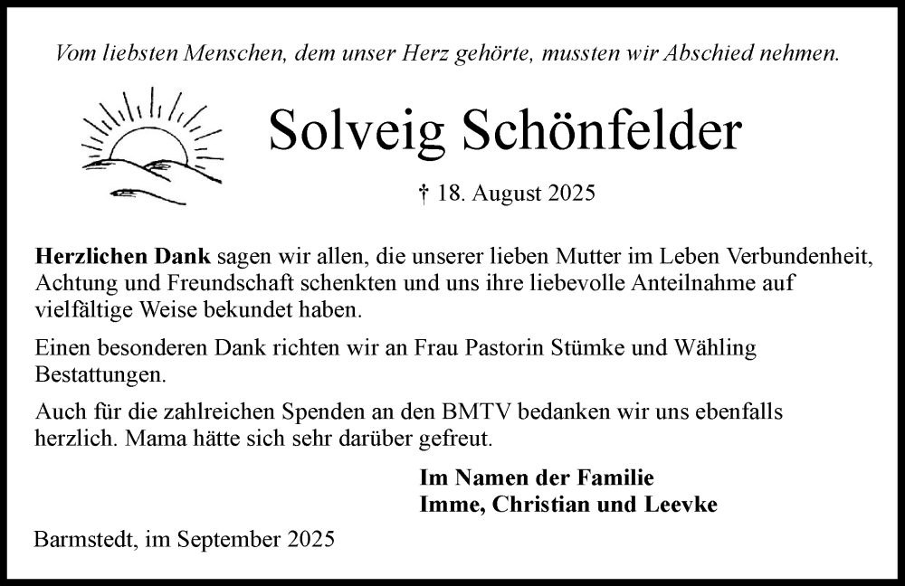  Traueranzeige für Solveig Schönfelder vom 20.09.2025 aus Elmshorner Nachrichten, Barmstedter Zeitung