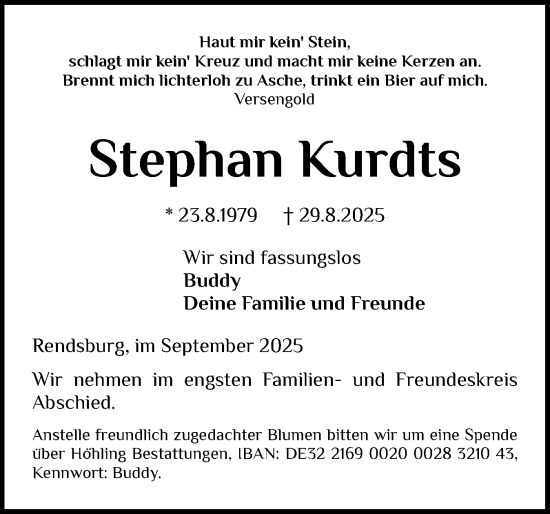Traueranzeige von Stephan Kurdts von Schleswig-Holsteinische Landeszeitung