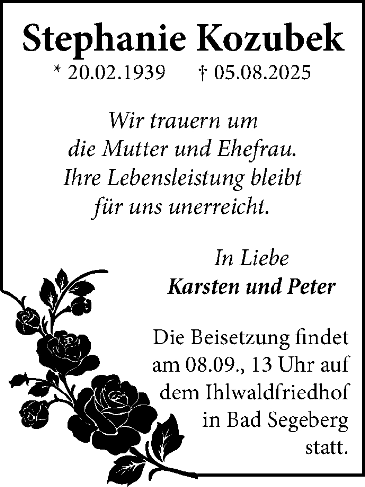  Traueranzeige für Stephanie Kozubek vom 06.09.2025 aus Heimatspiegel