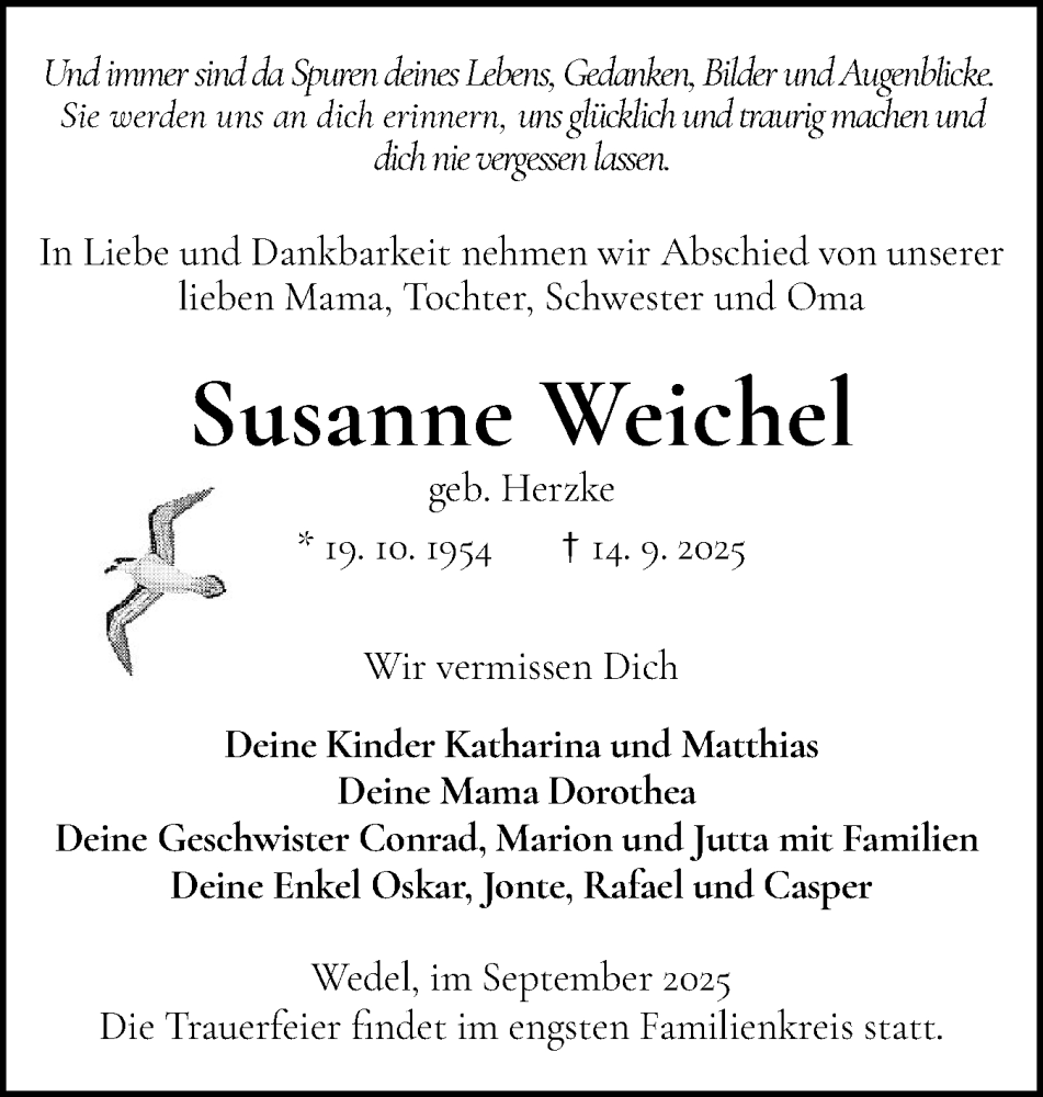  Traueranzeige für Susanne Weichel vom 27.09.2025 aus Wedel-Schulauer Tageblatt, tip Wedel-Schulauer Tageblatt, tip Rissener Rundschau