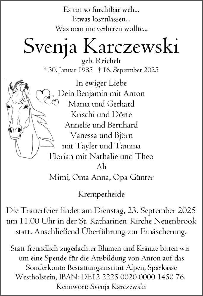  Traueranzeige für Svenja Karczewski vom 20.09.2025 aus Norddeutsche Rundschau, Wilstersche Zeitung, Glückstädter Fortuna
