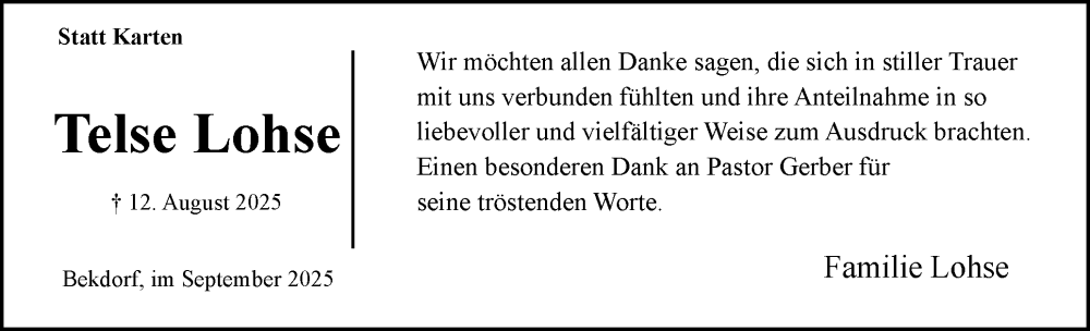  Traueranzeige für Telse Lohse vom 13.09.2025 aus Norddeutsche Rundschau, Wilstersche Zeitung, Glückstädter Fortuna