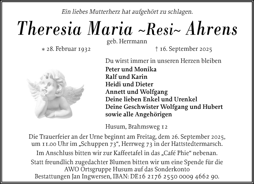  Traueranzeige für Theresia Maria Ahrens vom 20.09.2025 aus Husumer Nachrichten, Nordfriesland Tageblatt