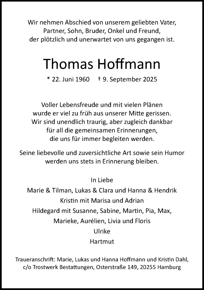  Traueranzeige für Thomas Hoffmann vom 27.09.2025 aus MARKT Glinde/Reinbek