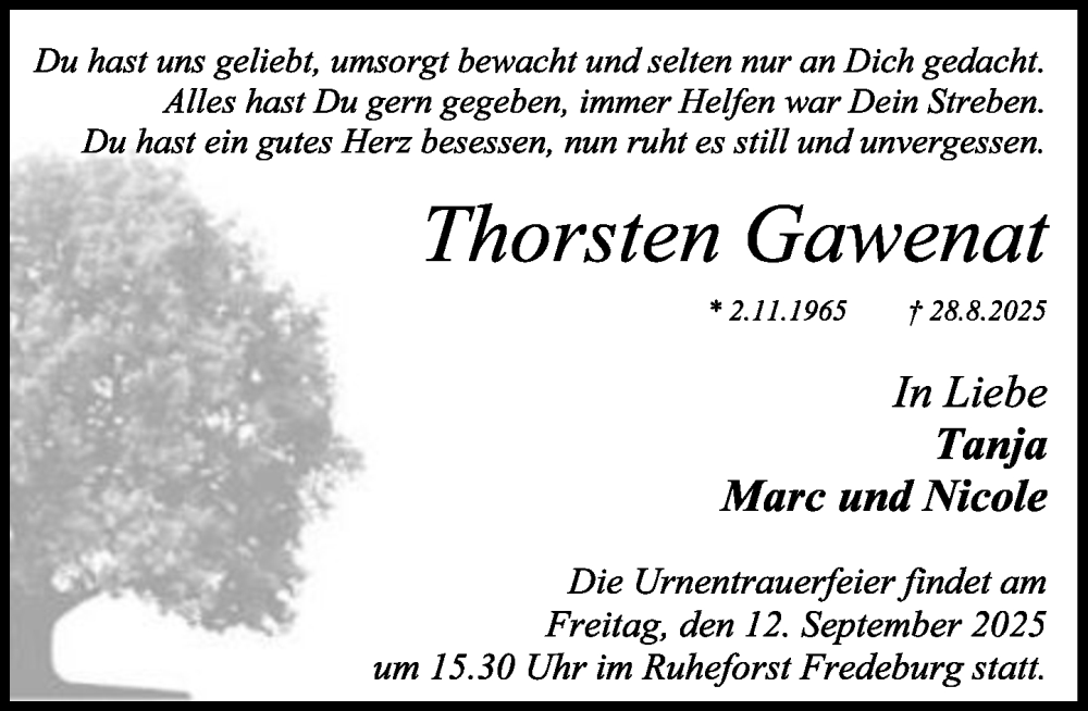  Traueranzeige für Thorsten Gawenat vom 06.09.2025 aus MARKT Ratzeburg/Mölln