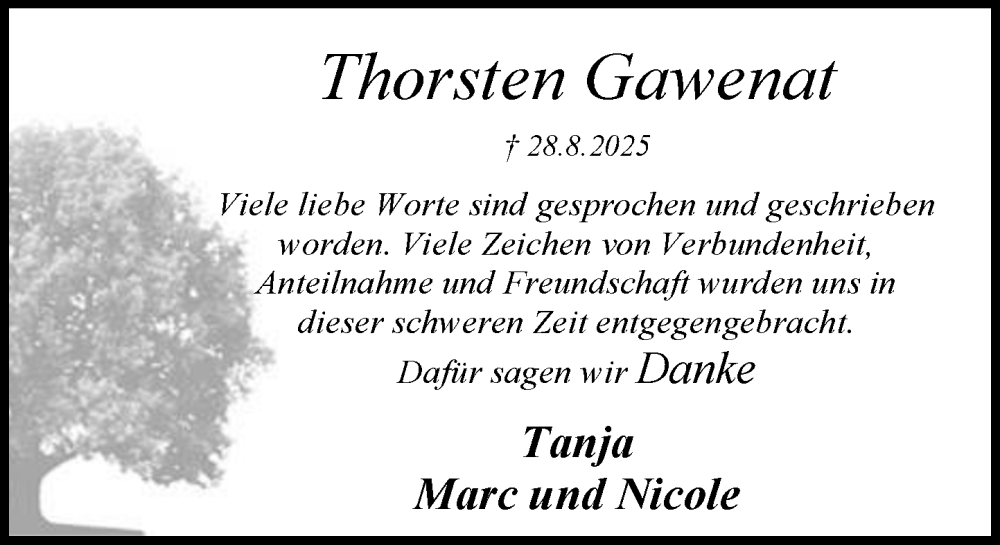  Traueranzeige für Thorsten Gawenat vom 27.09.2025 aus MARKT Ratzeburg/Mölln