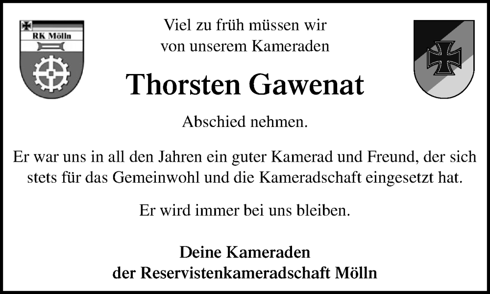  Traueranzeige für Thorsten Gawenat vom 13.09.2025 aus MARKT Ratzeburg/Mölln