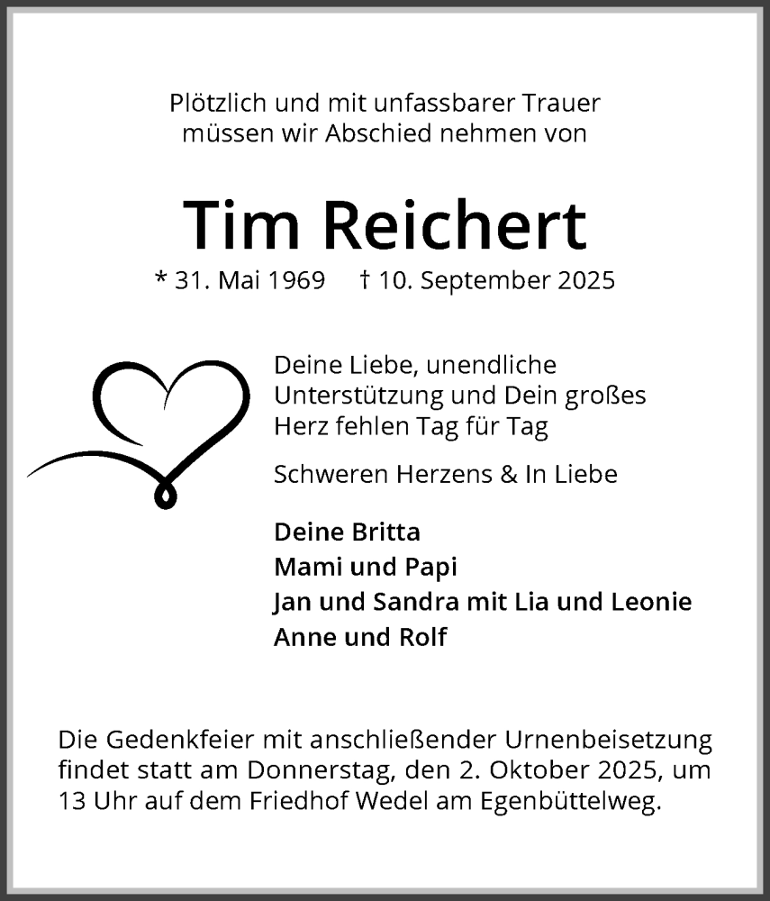 Traueranzeige für Tim Reichert vom 27.09.2025 aus Wedel-Schulauer Tageblatt, tip Wedel-Schulauer Tageblatt, tip Rissener Rundschau