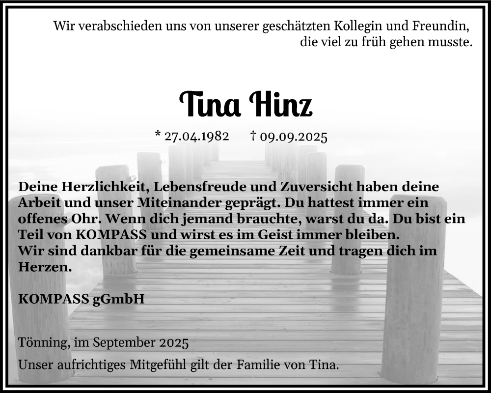  Traueranzeige für Tina Hinz vom 20.09.2025 aus Husumer Nachrichten, Nordfriesland Tageblatt