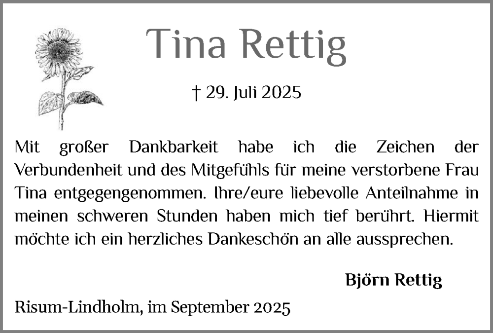  Traueranzeige für Tina Rettig vom 13.09.2025 aus Husumer Nachrichten, Nordfriesland Tageblatt