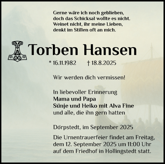 Traueranzeige von Torben Hansen von Schleswiger Nachrichten, Schlei-Bote
