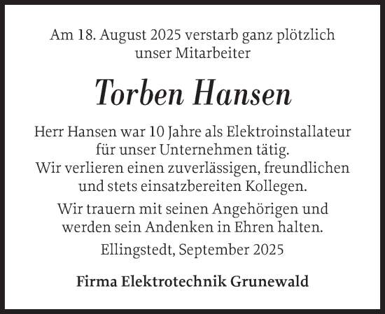 Traueranzeige von Torben Hansen von Schleswiger Nachrichten, Schlei-Bote
