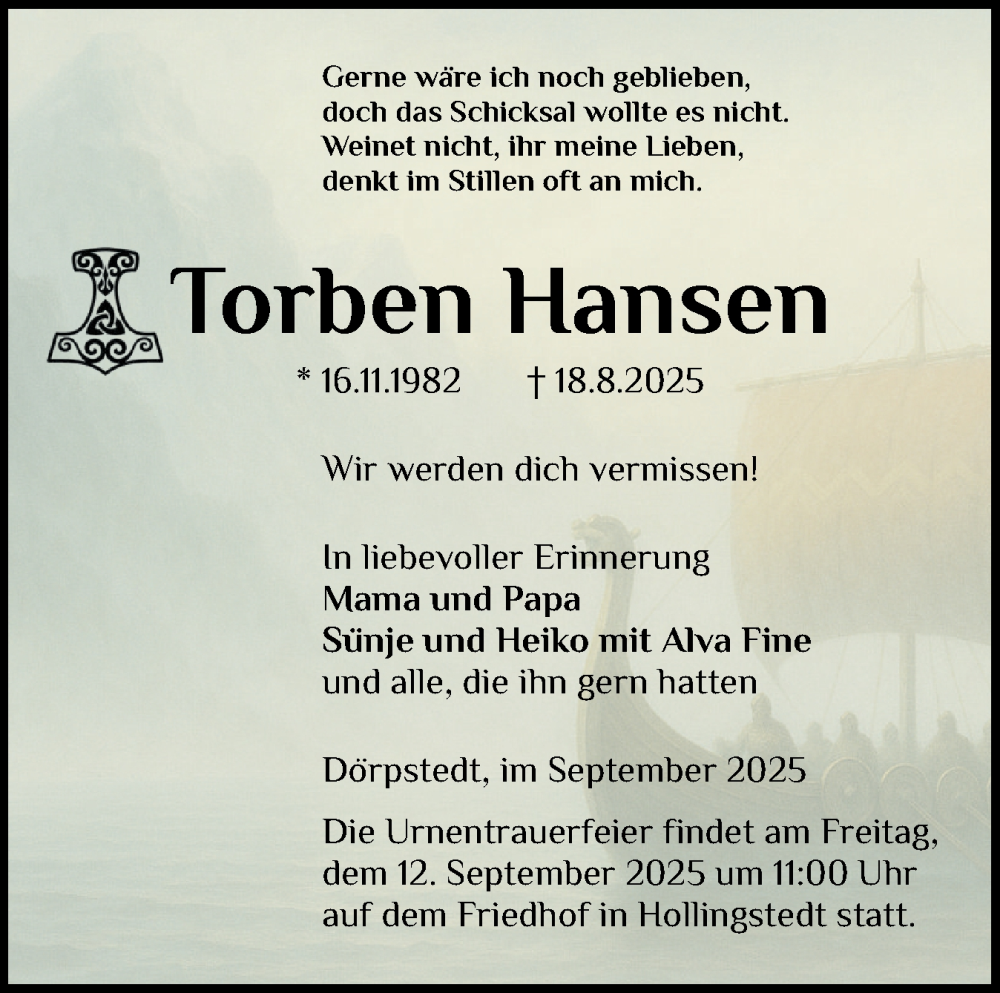  Traueranzeige für Torben Hansen vom 05.09.2025 aus Schleswiger Nachrichten, Schlei-Bote