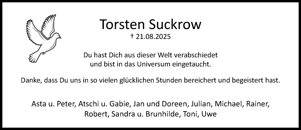  Traueranzeige für Torsten Suckrow vom 13.09.2025 aus MARKT Ahrensburg/Bargteheide/Trittau und Stormarner Tageblatt