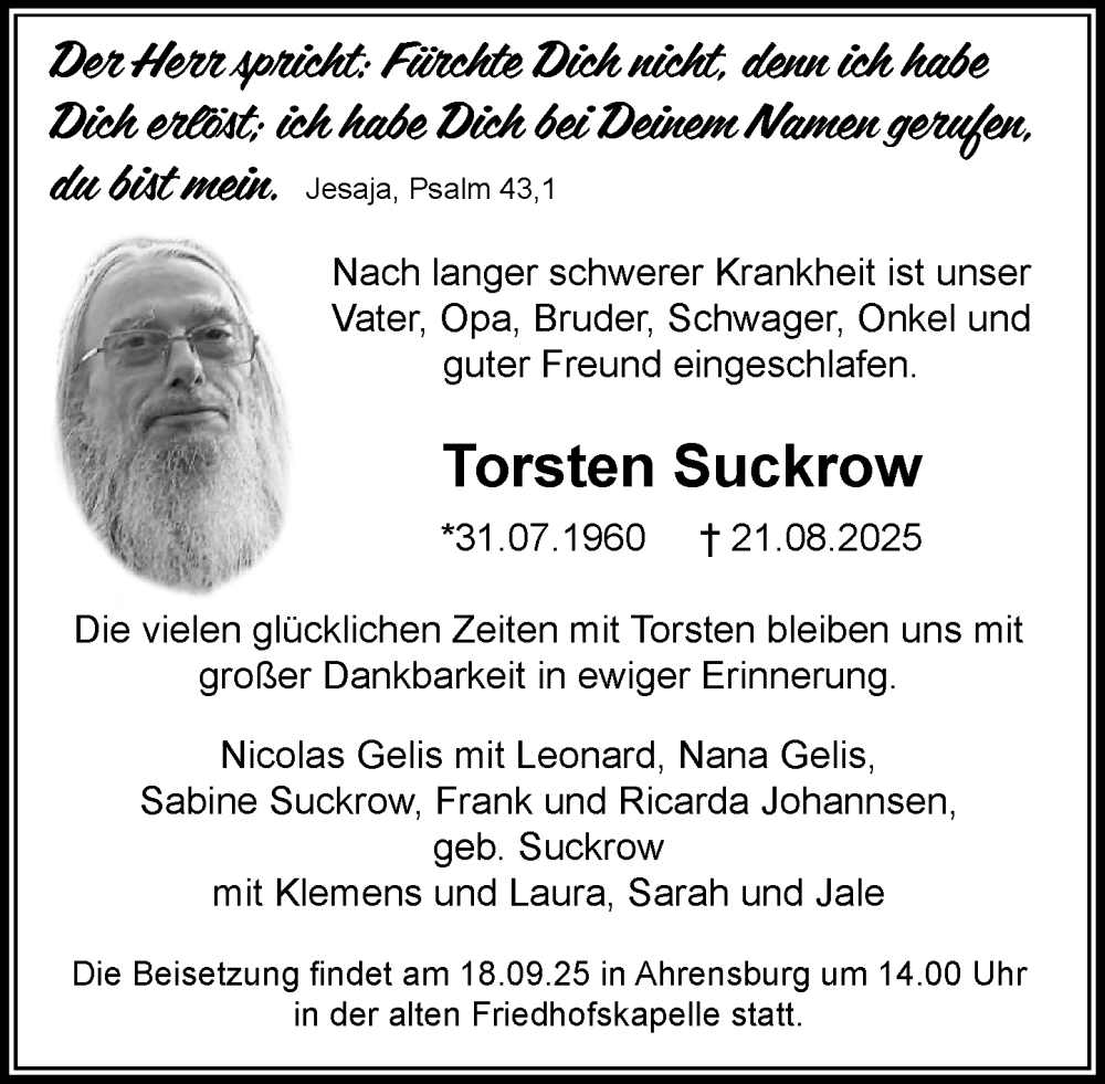 Traueranzeige für Torsten Suckrow vom 13.09.2025 aus MARKT Ahrensburg/Bargteheide/Trittau und Stormarner Tageblatt
