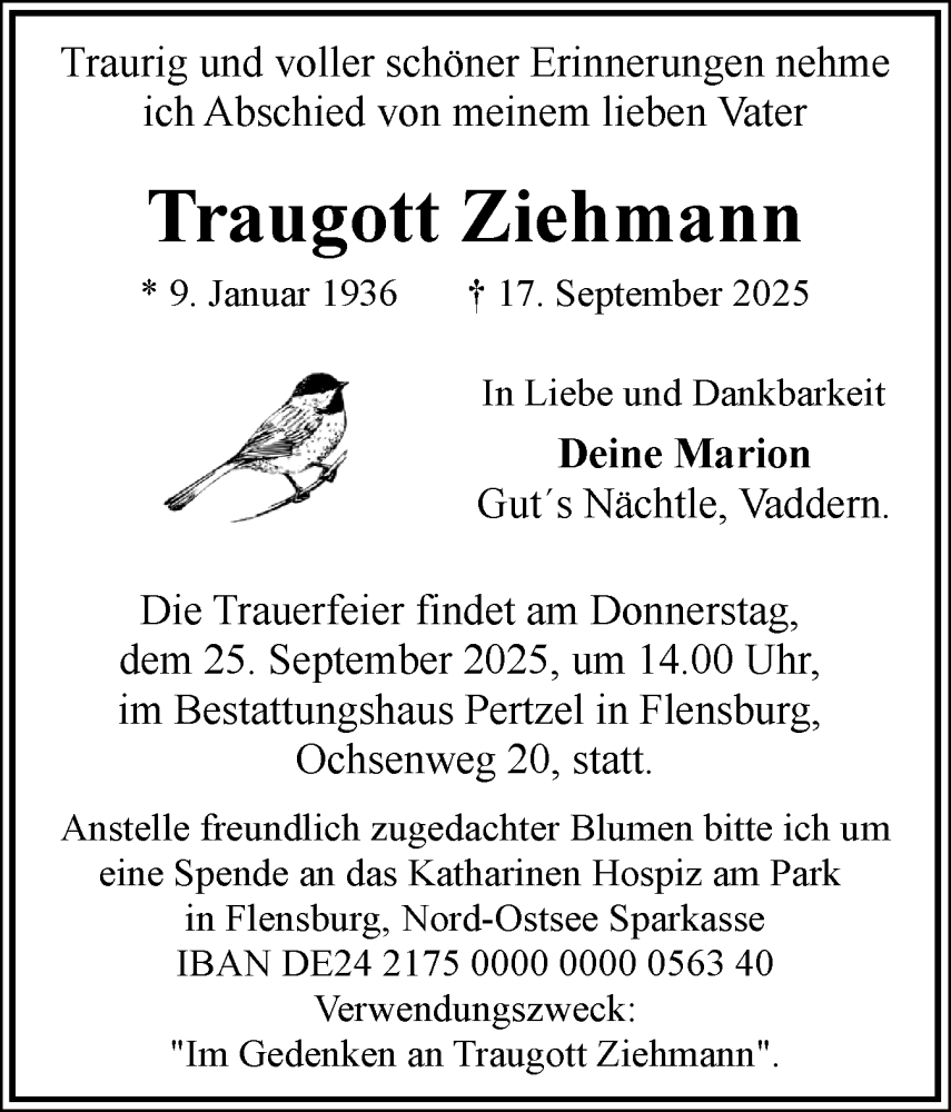  Traueranzeige für Traugott Ziehmann vom 20.09.2025 aus Flensburger Tageblatt