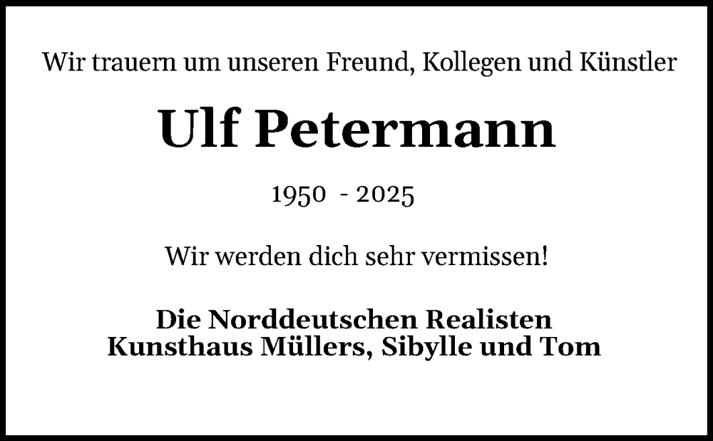  Traueranzeige für Ulf Petermann vom 06.09.2025 aus Region Flensburg