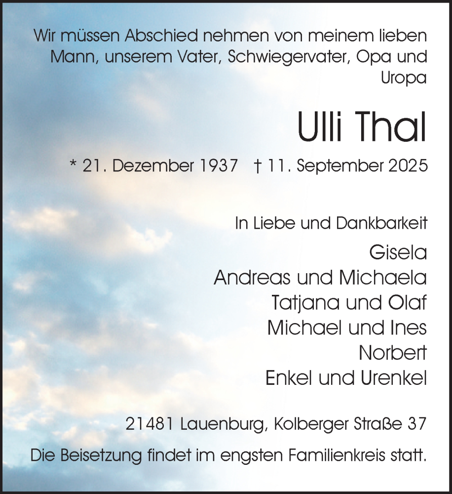  Traueranzeige für Ulli Thal vom 20.09.2025 aus Wochenend Anzeiger