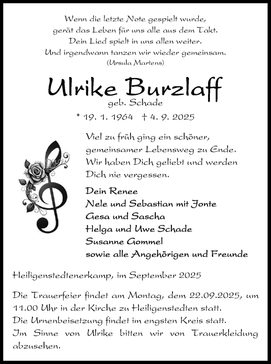 Traueranzeige von Ulrike Burzlaff von Norddeutsche Rundschau, Wilstersche Zeitung, Glückstädter Fortuna