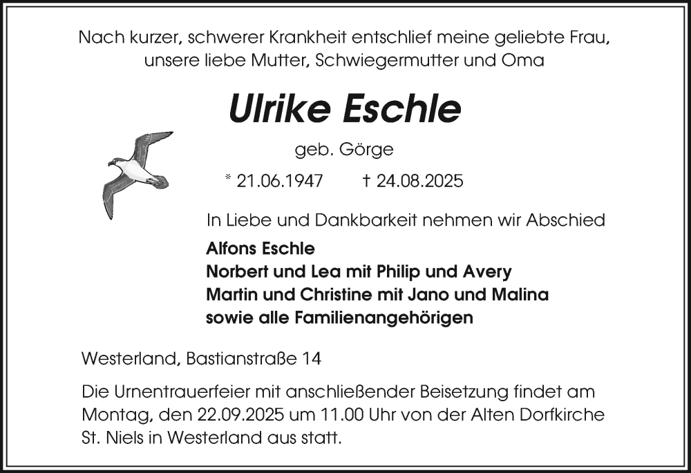  Traueranzeige für Ulrike Eschle vom 13.09.2025 aus Sylter Rundschau