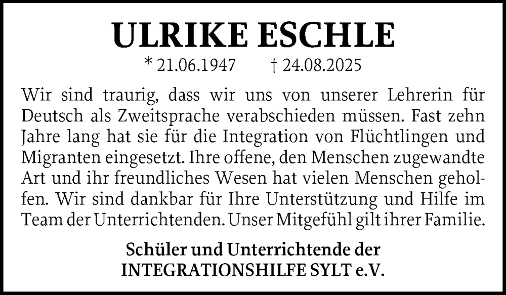  Traueranzeige für Ulrike Eschle vom 20.09.2025 aus Sylter Rundschau