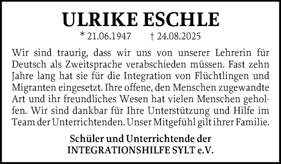 Traueranzeige von Ulrike Eschle von Sylter Rundschau