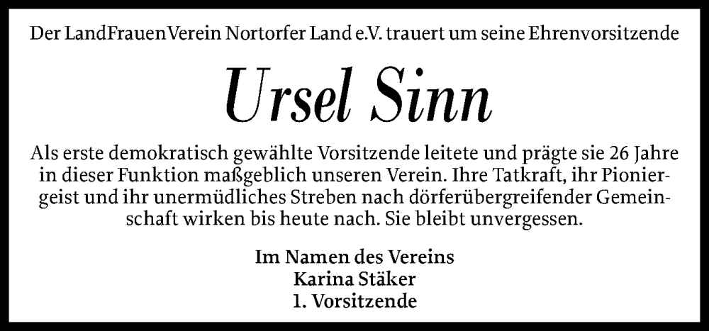  Traueranzeige für Ursel Sinn vom 11.09.2025 aus Schleswig-Holsteinische Landeszeitung
