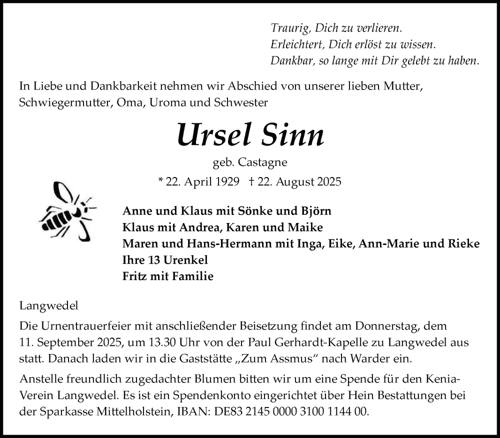  Traueranzeige für Ursel Sinn vom 06.09.2025 aus Schleswig-Holsteinische Landeszeitung