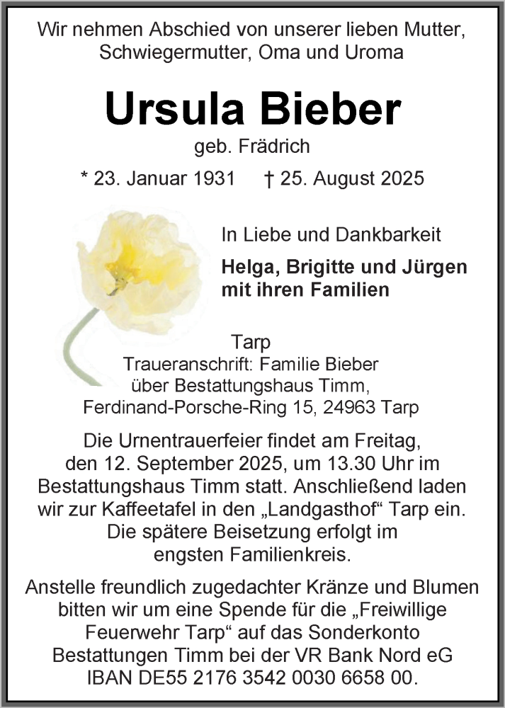 Traueranzeige für Ursula Bieber vom 06.09.2025 aus Flensburger Tageblatt