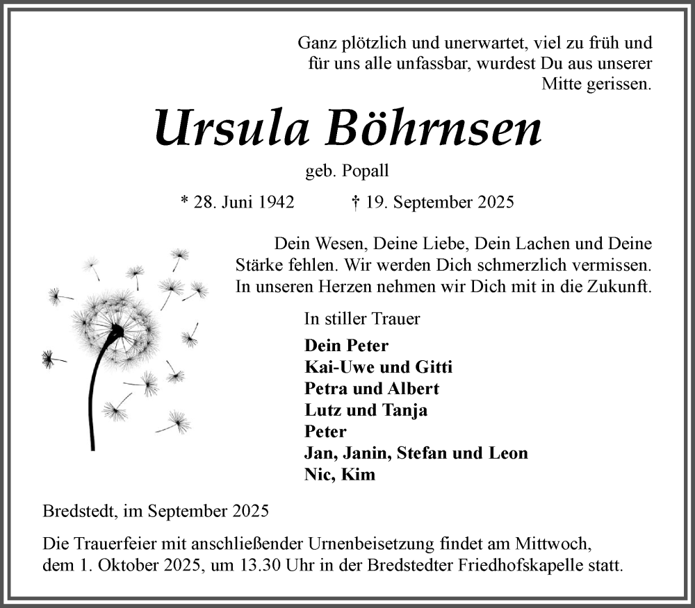  Traueranzeige für Ursula Böhrnsen vom 24.09.2025 aus Husumer Nachrichten, Nordfriesland Tageblatt