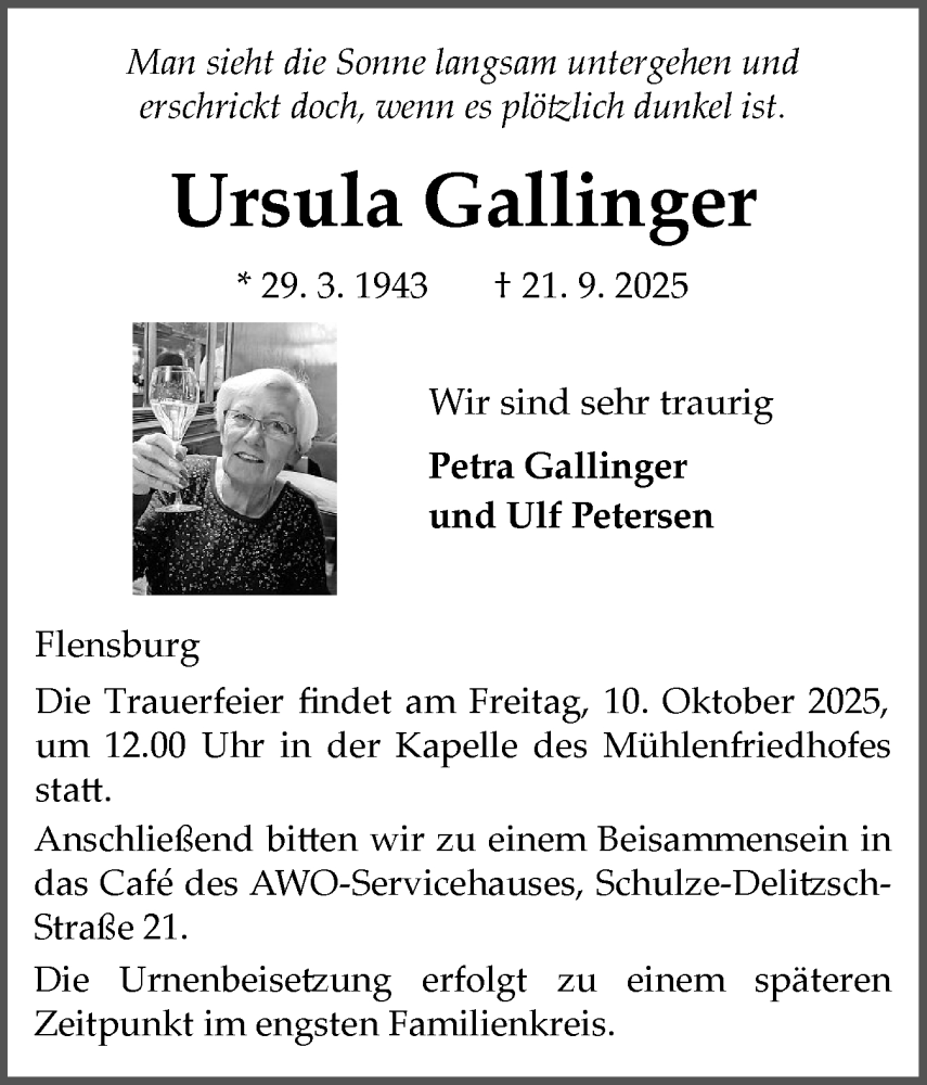  Traueranzeige für Ursula Gallinger vom 27.09.2025 aus Flensburger Tageblatt