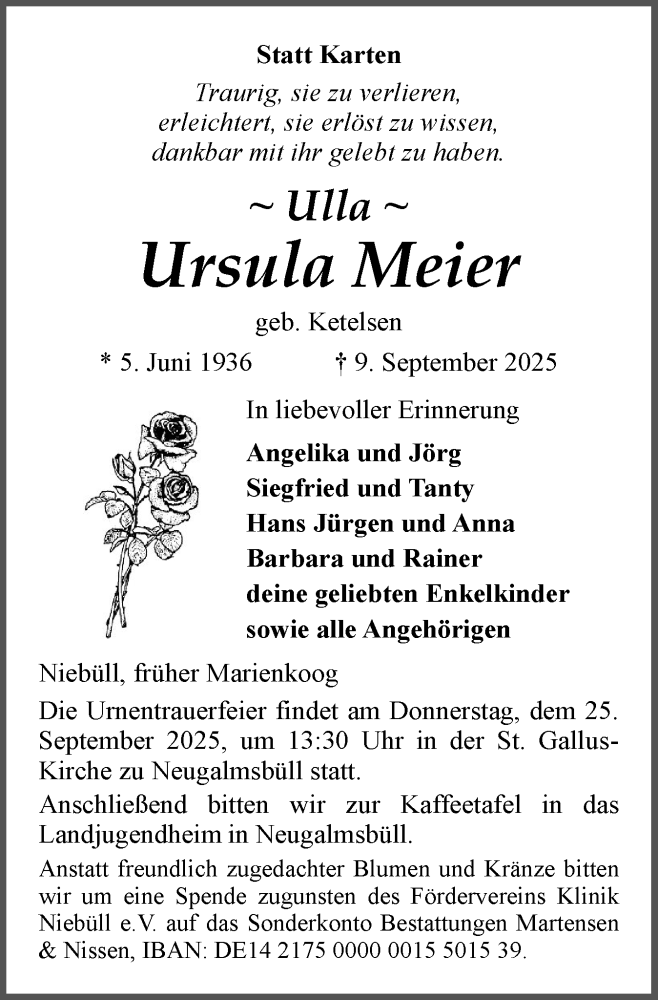  Traueranzeige für Ursula Meier vom 20.09.2025 aus Region Westküste