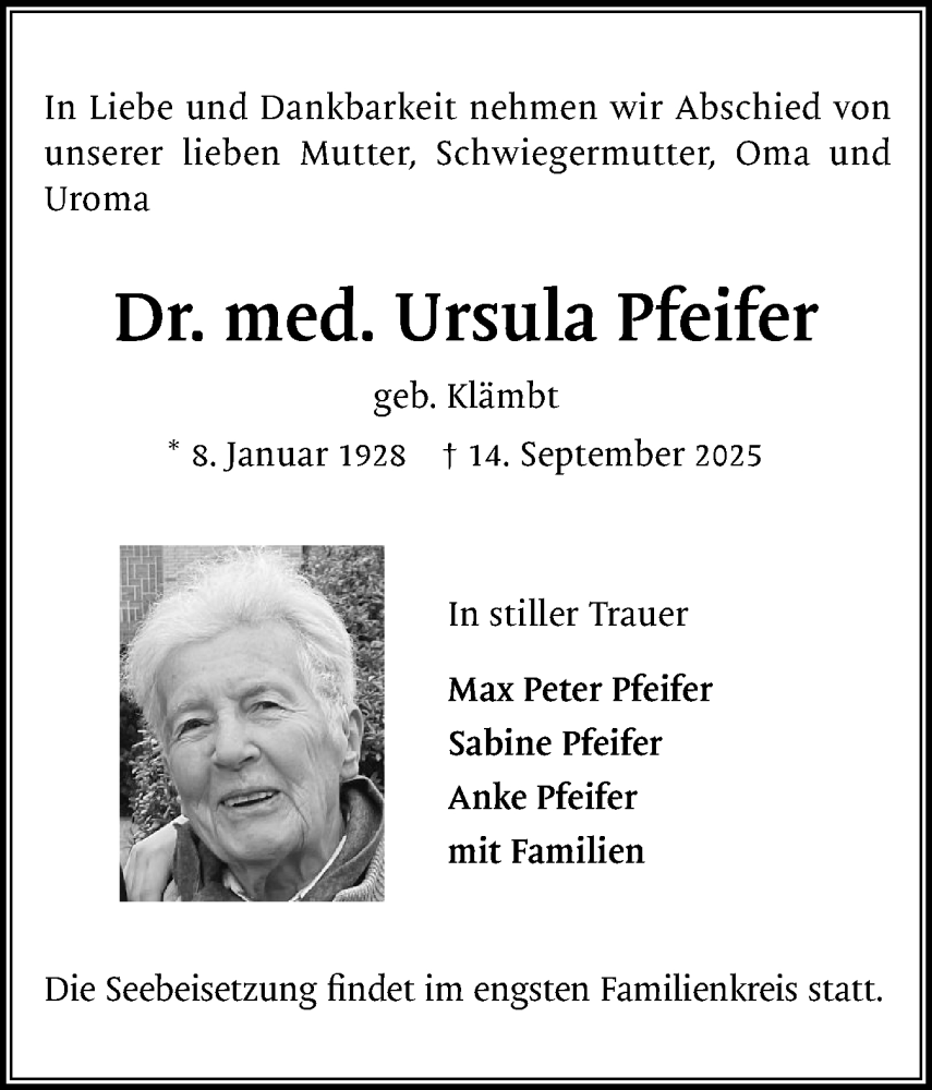  Traueranzeige für Ursula Pfeifer vom 20.09.2025 aus Region Pinneberg und tip Pinneberg