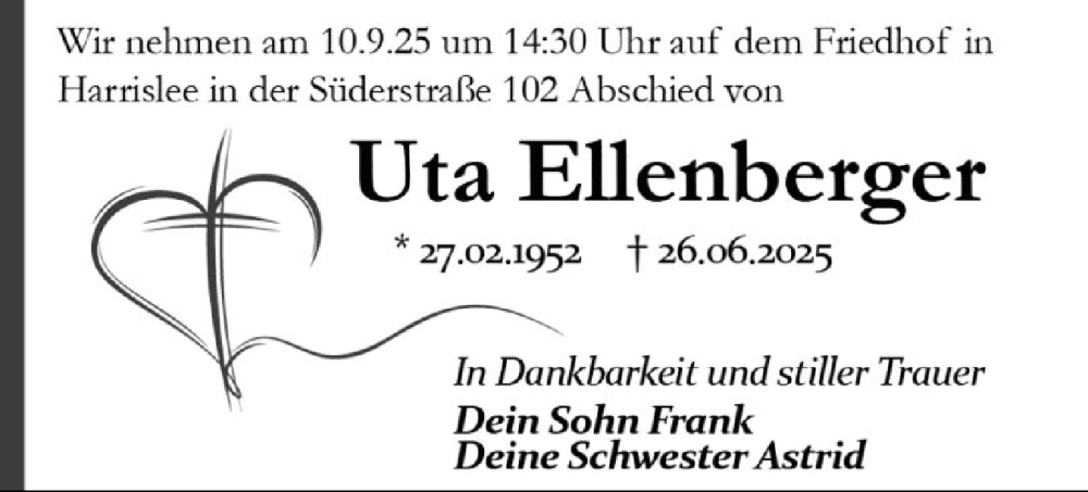  Traueranzeige für Uta Ellenberger vom 02.09.2025 aus Flensburger Tageblatt