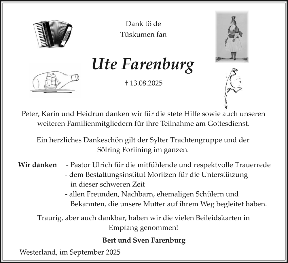  Traueranzeige für Ute Farenburg vom 04.09.2025 aus Sylter Rundschau