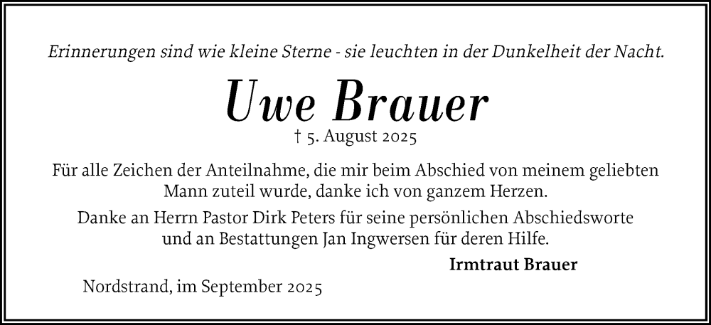  Traueranzeige für Uwe Brauer vom 13.09.2025 aus Husumer Nachrichten, Nordfriesland Tageblatt