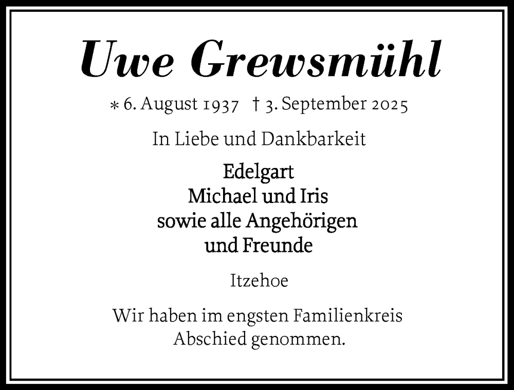  Traueranzeige für Uwe Grewsmühl vom 27.09.2025 aus Norddeutsche Rundschau, Wilstersche Zeitung, Glückstädter Fortuna