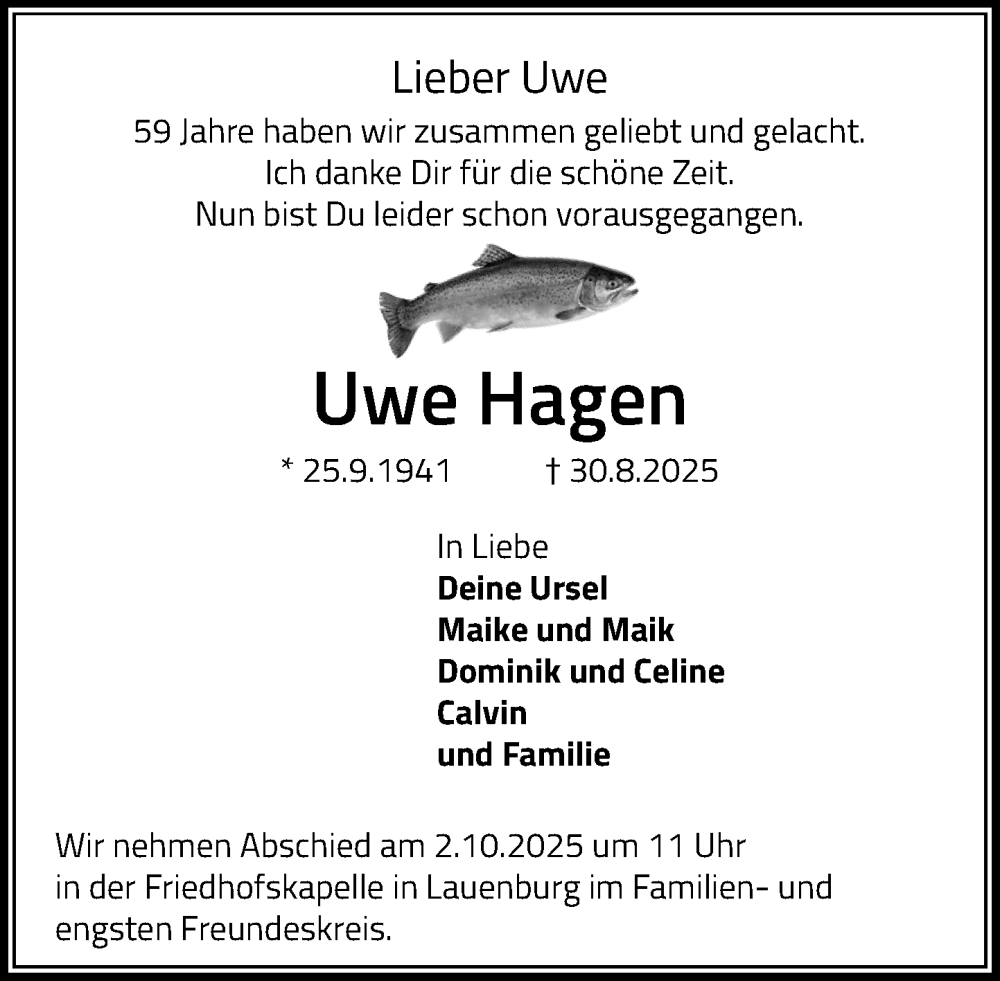 Traueranzeige für Uwe Hagen vom 20.09.2025 aus Wochenend Anzeiger