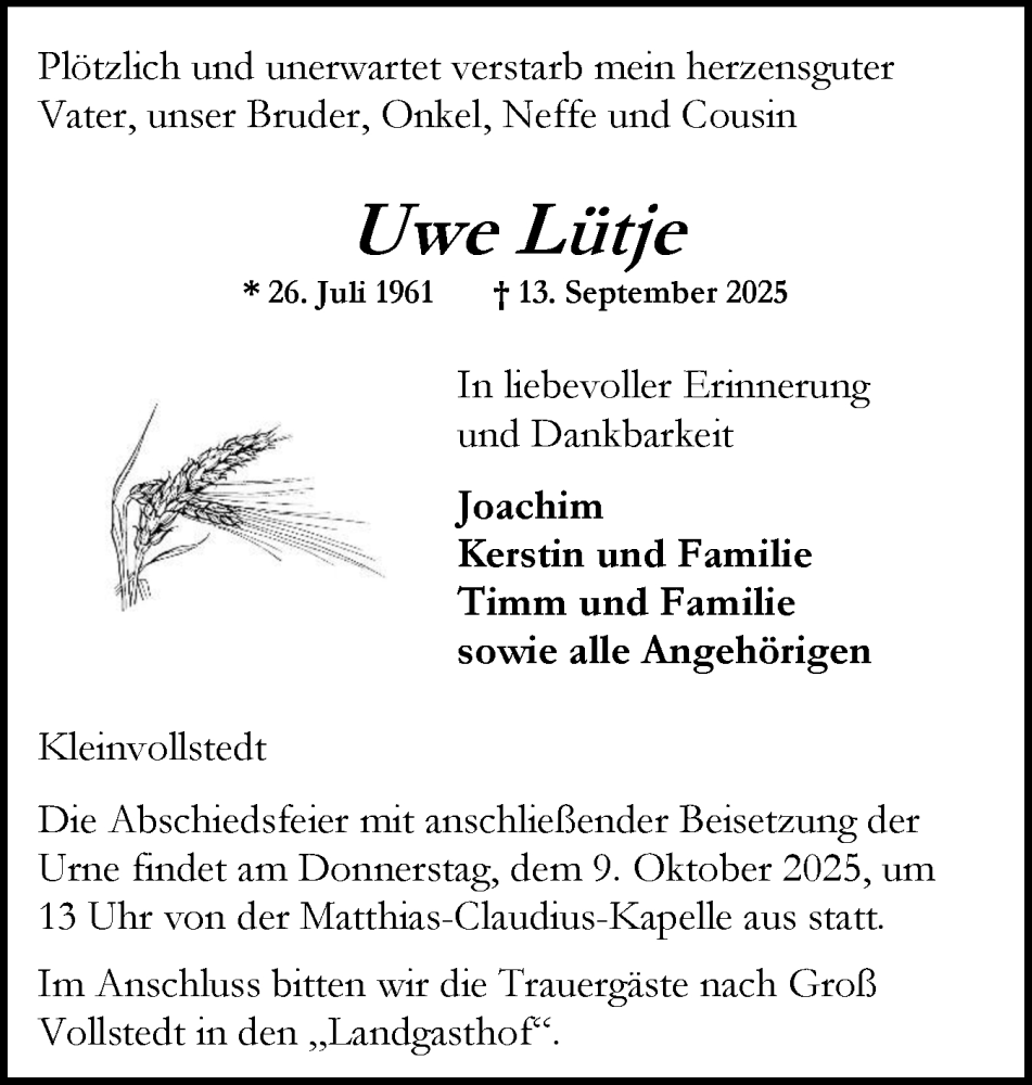  Traueranzeige für Uwe Lütje vom 27.09.2025 aus Schleswig-Holsteinische Landeszeitung