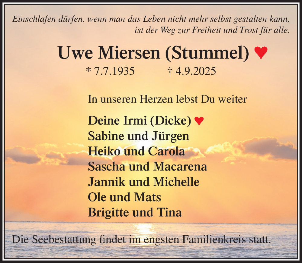  Traueranzeige für Uwe Miersen vom 13.09.2025 aus Umschau