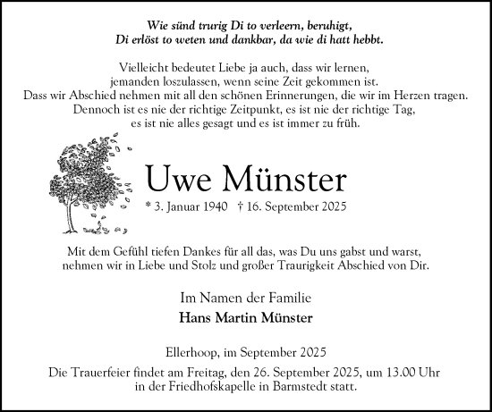 Traueranzeige von Uwe Münster von Elmshorner Nachrichten, Barmstedter Zeitung