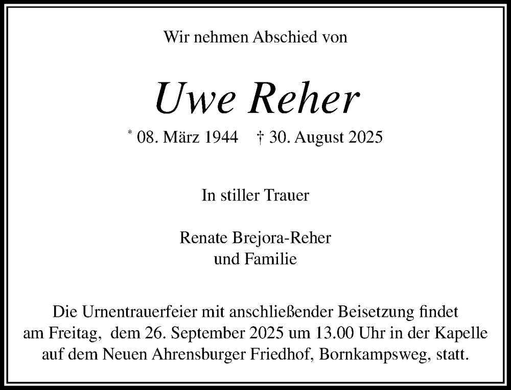  Traueranzeige für Uwe Reher vom 20.09.2025 aus MARKT Ahrensburg/Bargteheide/Trittau und Stormarner Tageblatt
