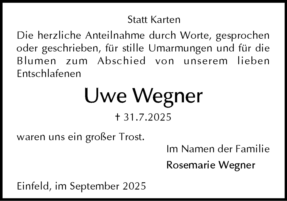  Traueranzeige für Uwe Wegner vom 06.09.2025 aus Holsteinischer Courier